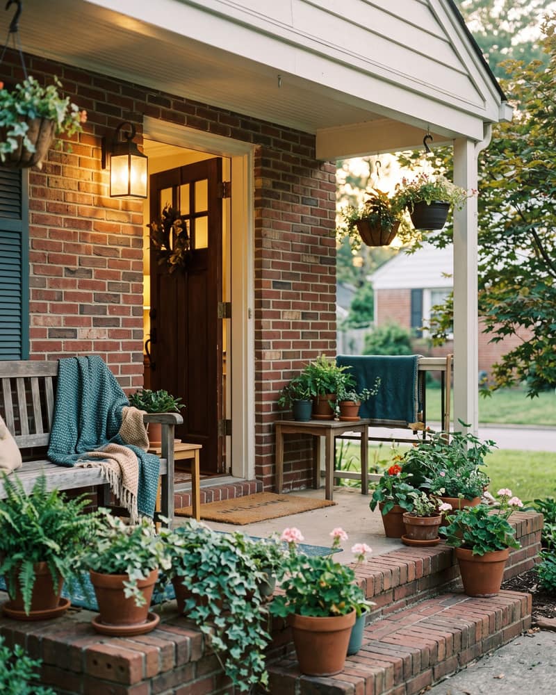 The front porch of a brick home in warm evening light, with the door slightly open, potted plants and a wooden bench