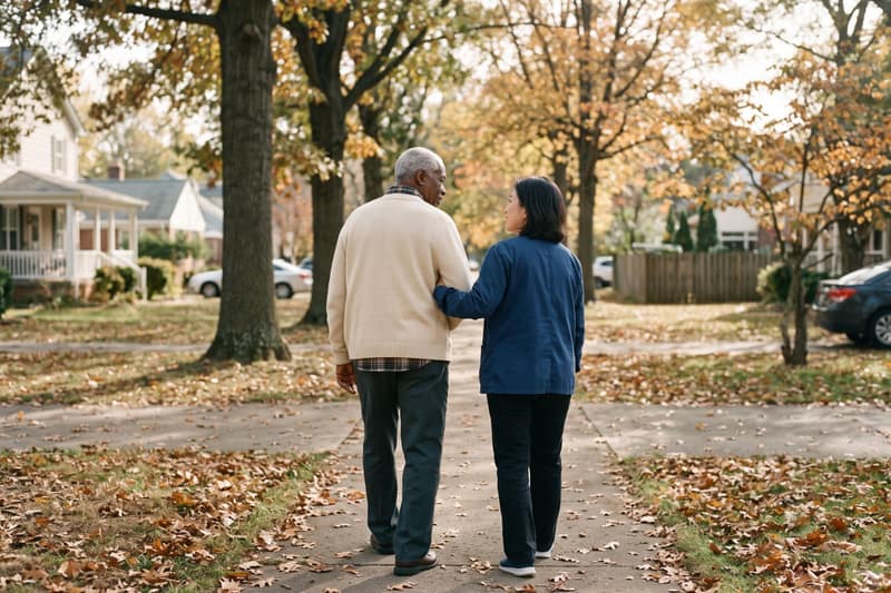An older man and a caregiver walking arm in arm along a tree-lined street in autumn, seen from behind