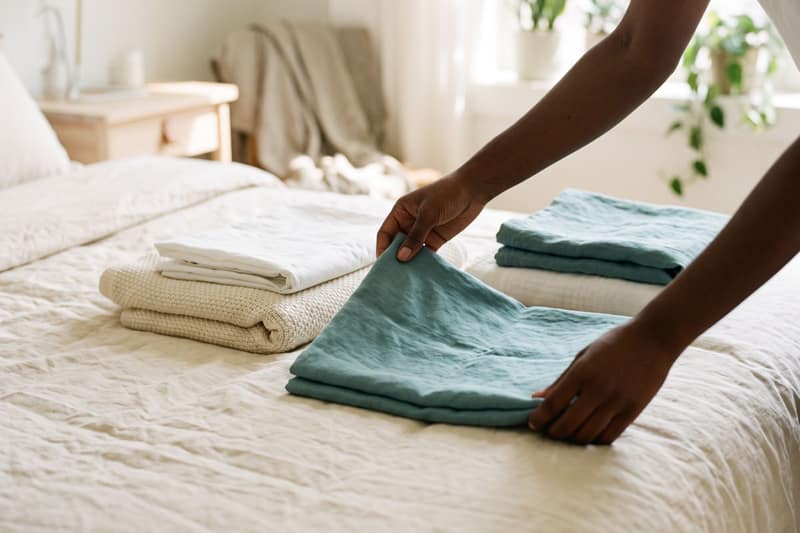 Hands folding fresh white and teal linens on a neatly made bed