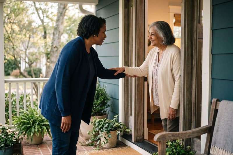 Two women greeting each other warmly at a front doorway