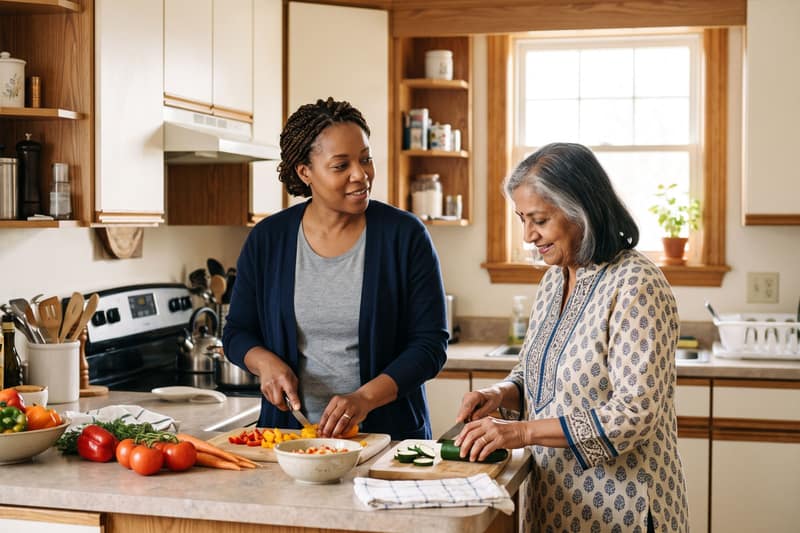 Two women chopping vegetables together at a sunny kitchen counter