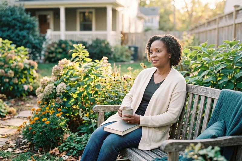 A woman resting on a garden bench with a cup of tea and a book in soft afternoon light