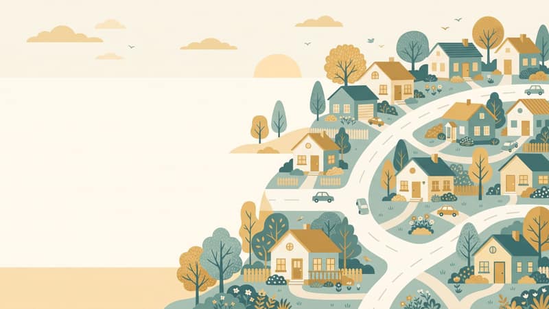 Illustration of a friendly neighborhood of small houses, trees and winding roads in teal, cream and gold